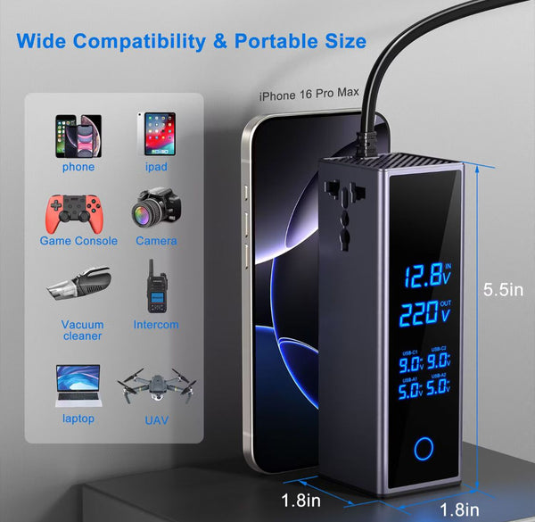Car Power Converter with LED Display  Fast USB Charging  12V to 220V for Laptops & Mobiles