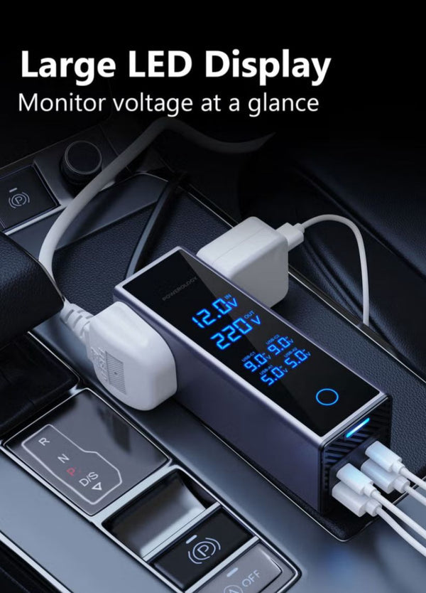 Car Power Converter with LED Display  Fast USB Charging  12V to 220V for Laptops & Mobiles