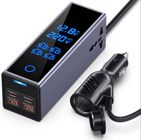 Car Power Converter with LED Display  Fast USB Charging  12V to 220V for Laptops & Mobiles