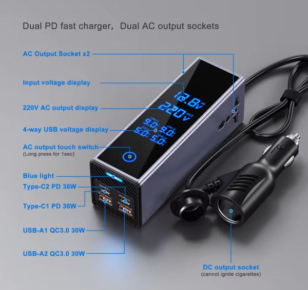 Car Power Converter with LED Display  Fast USB Charging  12V to 220V for Laptops & Mobiles